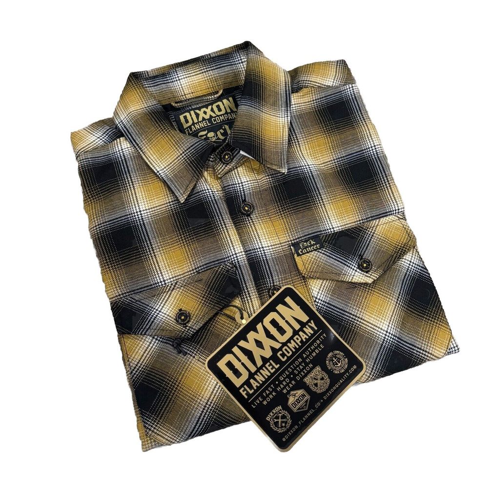 Dixxon New Mens Size M "F*Ck Cancer" Yellow/Black Shadow Plaid Flannel Shirt